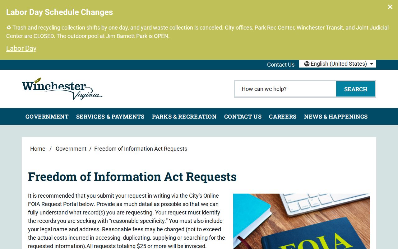 Winchester residents directory city FOIA request routes