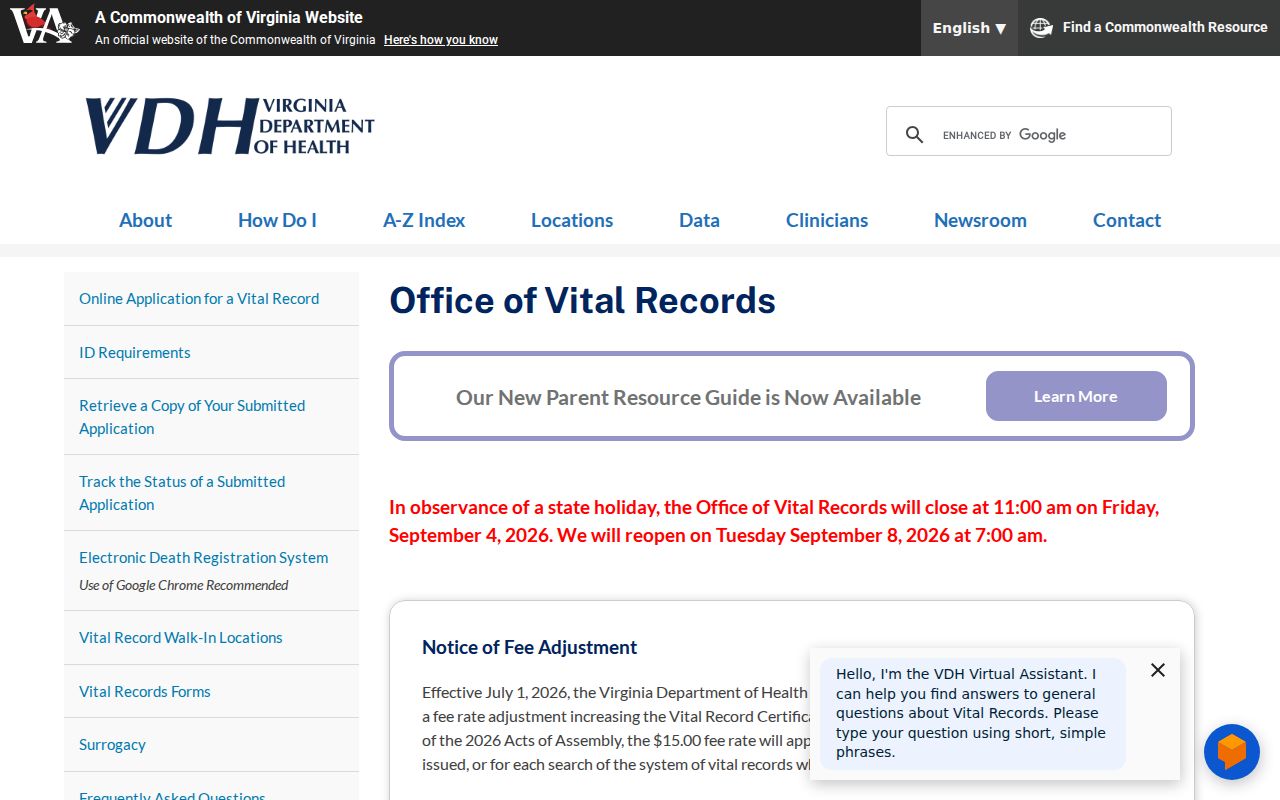 Winchester residents directory Virginia vital records office