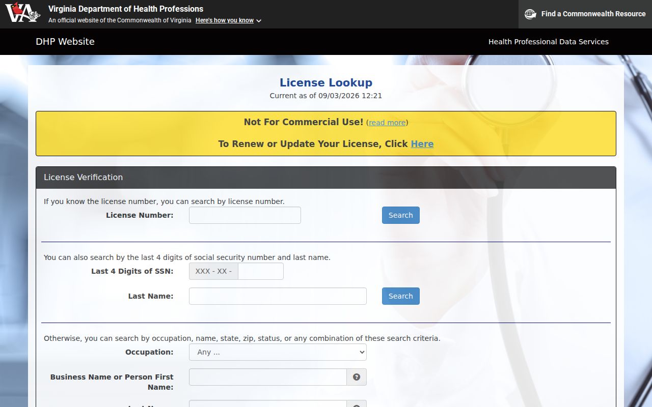 Winchester resident lookup DHP professional credential search