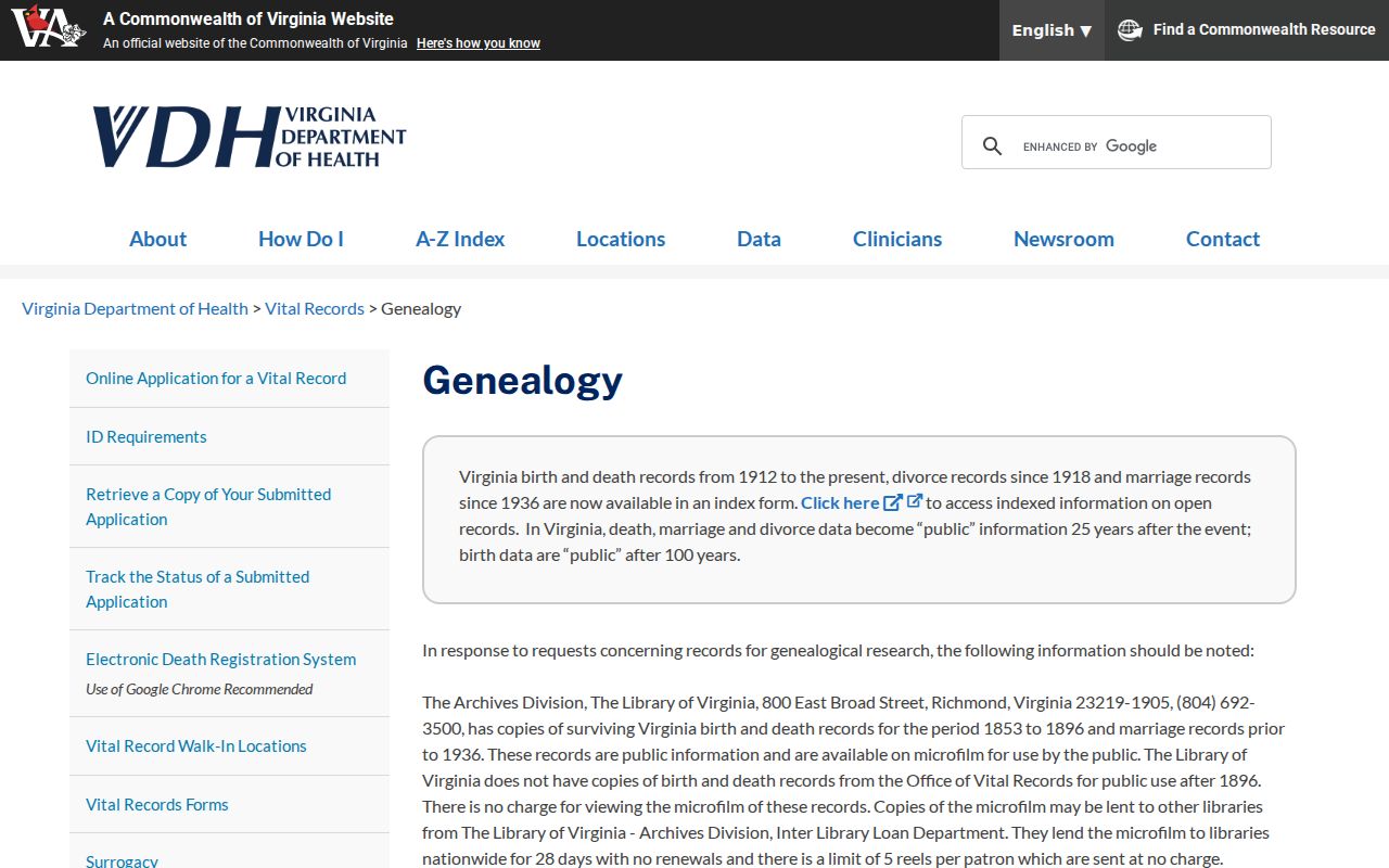 Winchester resident lookup Virginia vital records genealogy access