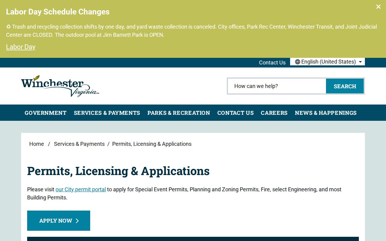 Winchester street directory permits and licensing access page
