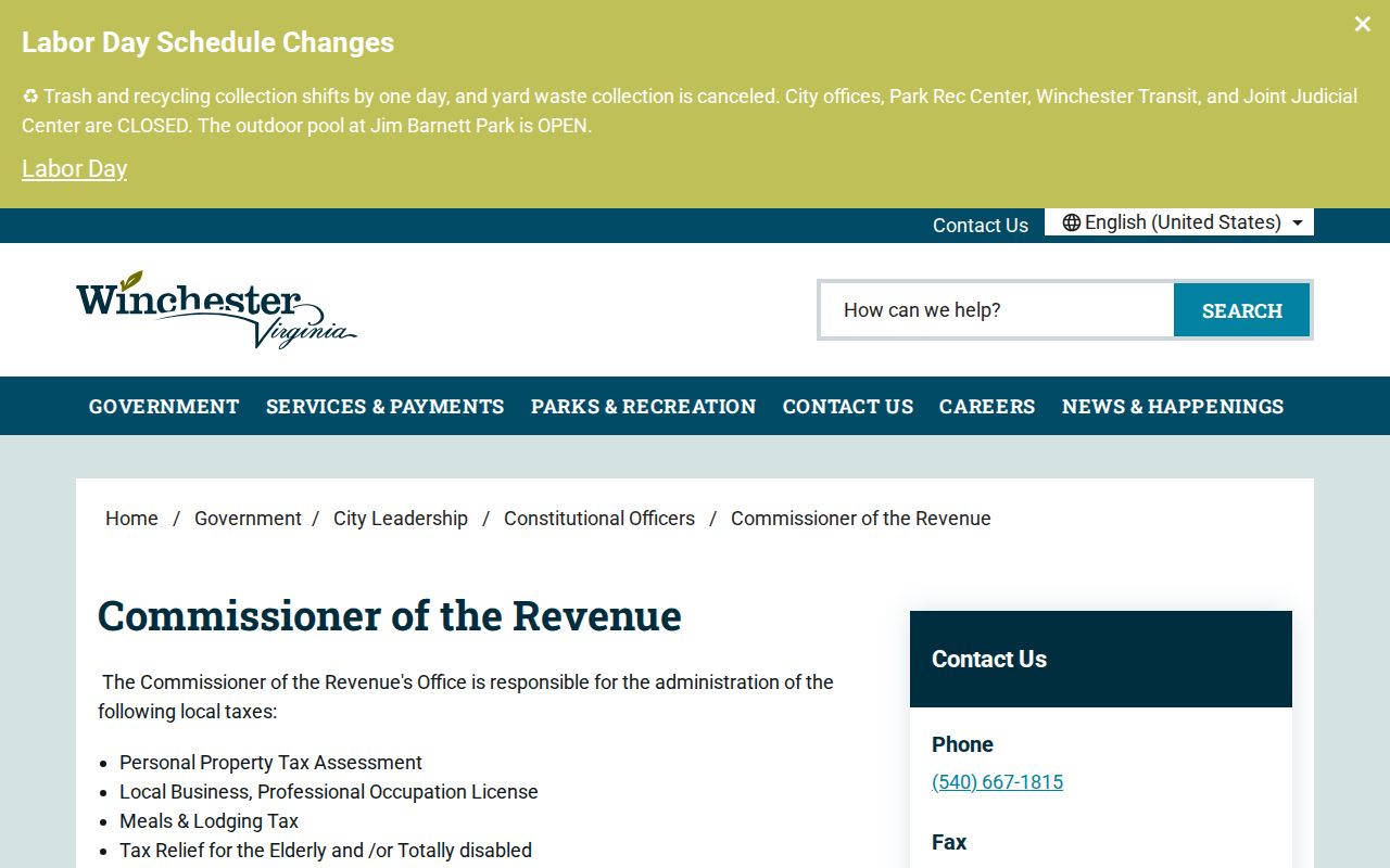 Winchester street directory Commissioner of the Revenue page