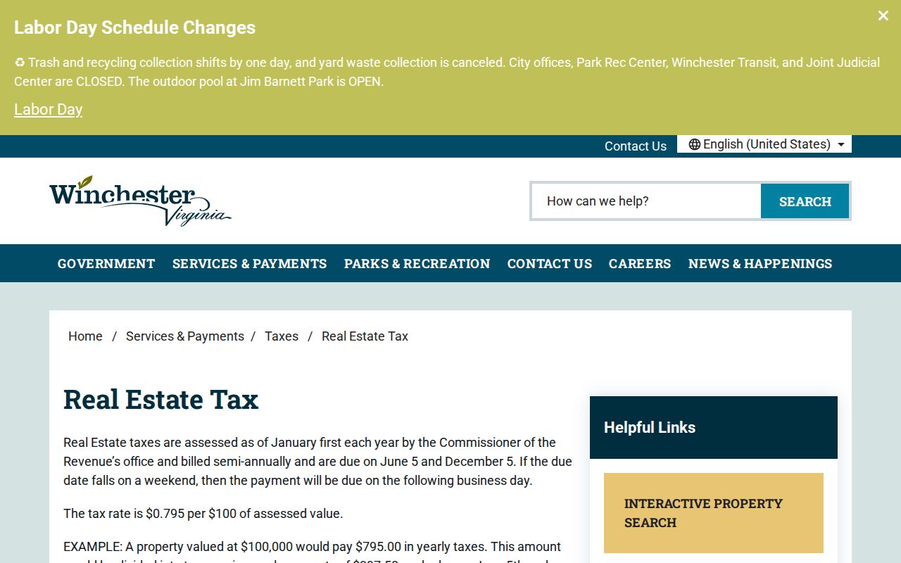 Winchester ZIP code city real-estate tax jurisdiction page